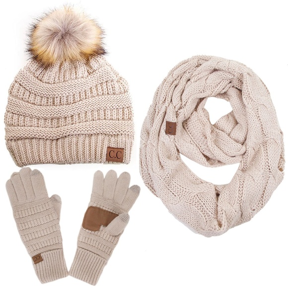 C.C 3pc Knit Warm Pom Beanie Gloves Scarves Set main image 7